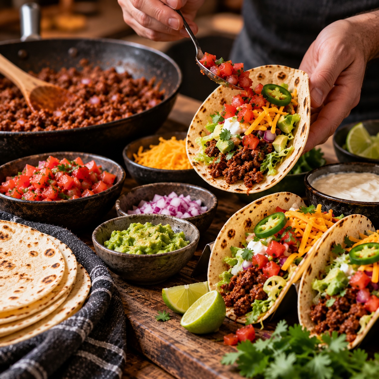 Warme Tortillas werden mit würzigem Beef, Tomaten, Avocado und Cheddar gefüllt